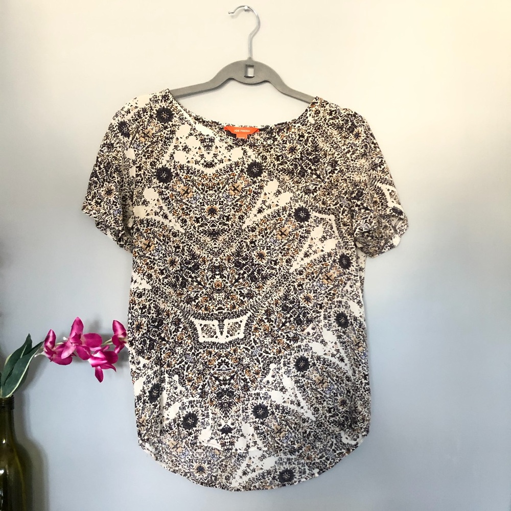 Joe Fresh 100% silk multicolored Short-Sleeve floral Printed Blouse XS